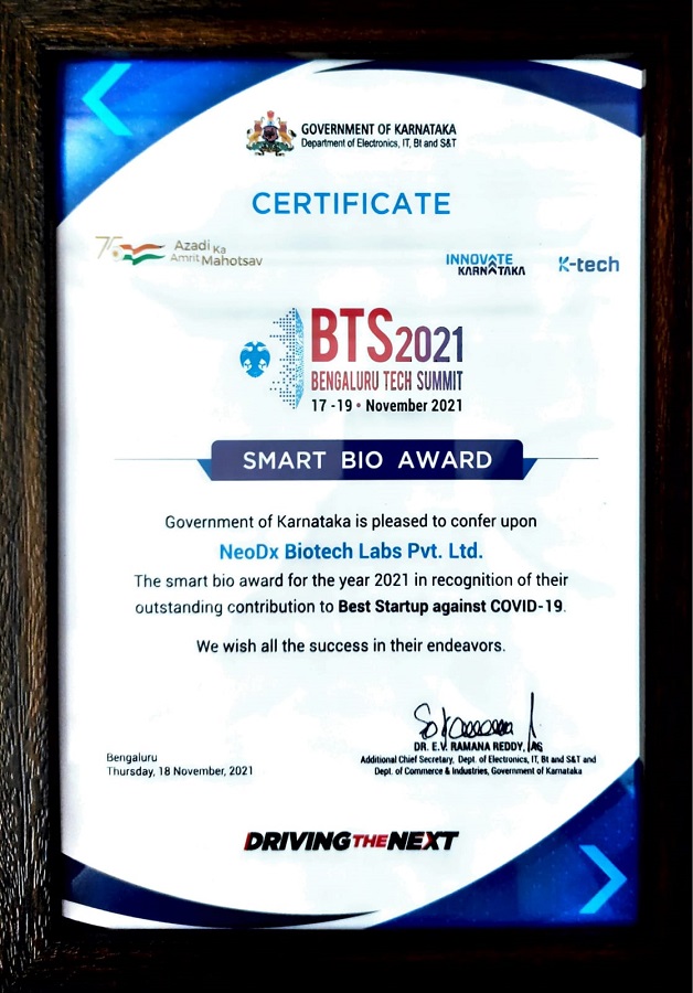 NeoDx Biotech Labs wins the ‘Best Startup against COVID-19’ at the Bengaluru Tech Summit, 2021